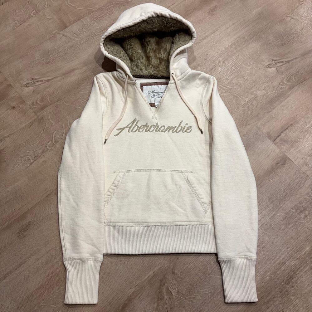 Y2K Abercrombie & Fitch Faux Fur Lined Hood Hoodie Pullover Sweatshirt Women's M
